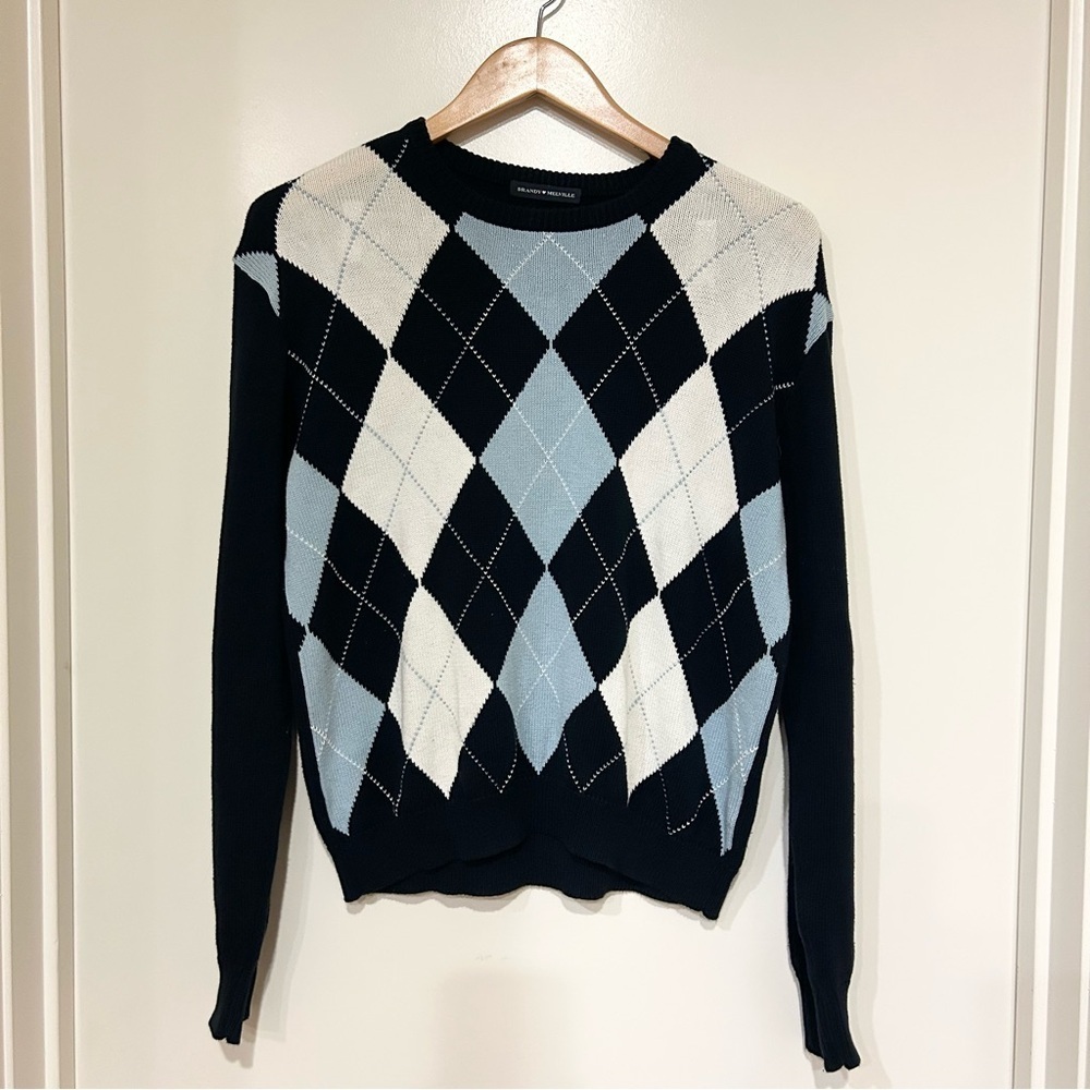 Brandy Melville Argyle Crewneck Sweater navy one size 100-% cotton - Picture 3 of 9